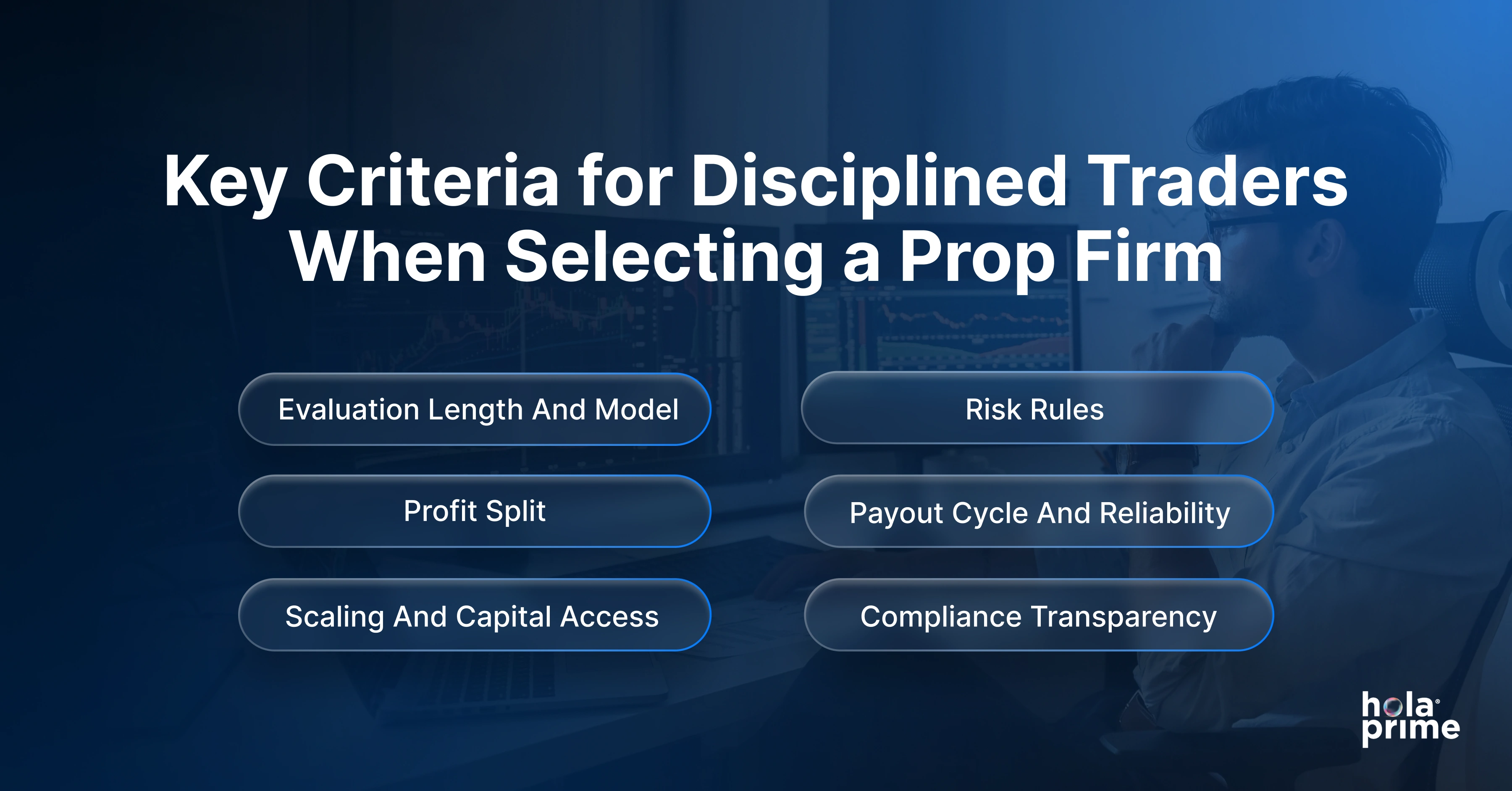 Infographic with title, Key Criteria for Disciplined Traders When Selecting a Prop Firm and sub points.