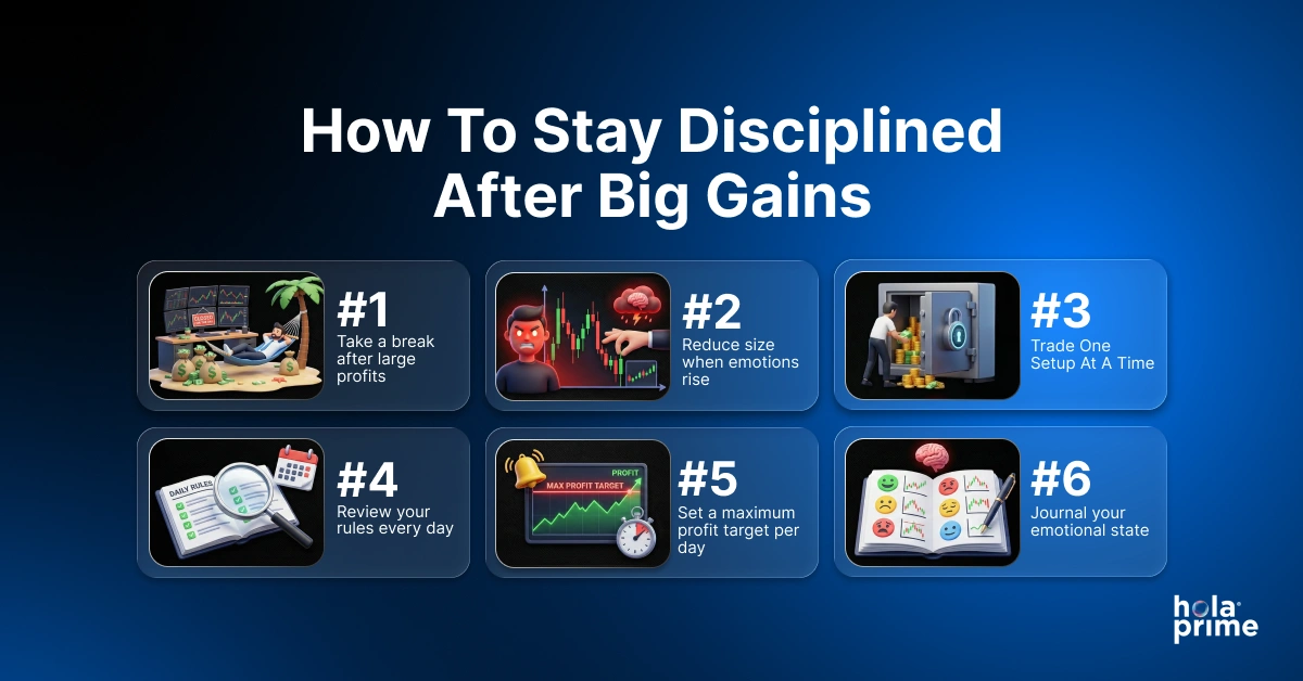 Infographic with title, How To Stay Disciplined After Big Gains and sub points.