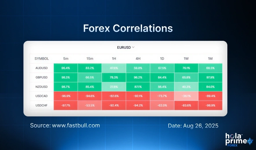 Infographic of forex correlation of EUR/USD with different other currencies pairs.