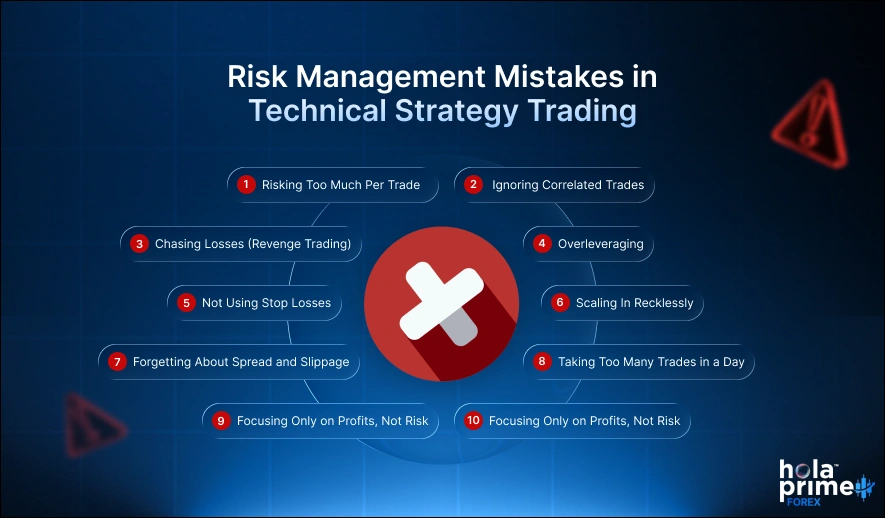 Infographic with title, Risk Management Mistakes in Technical Strategy Trading. Hola Prime Forex logo is placed on the bottom right corner.