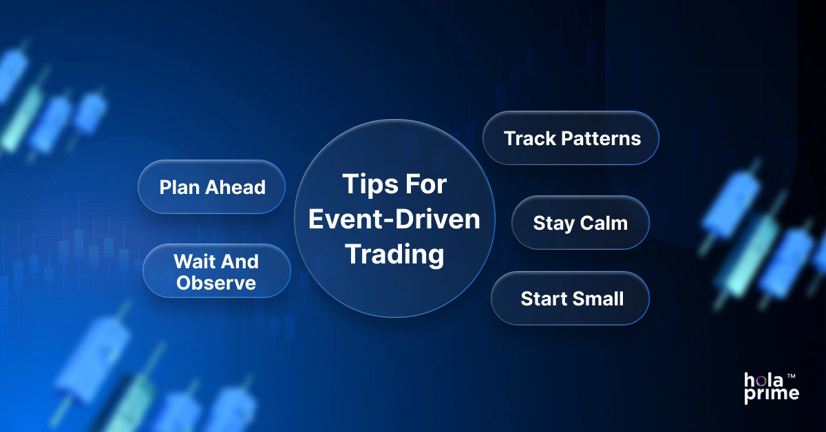 Tips for event driven trading, plan ahead, wait and observe, track patterns, stay calm, and start small.
