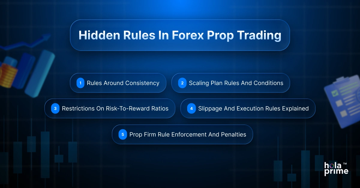 Infographic with title, hidden rules in forex prop trading with 5 sub points.