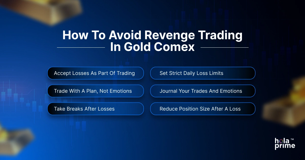 Infographic with title, How to Avoid Revenge Trading in Gold Comex with 6 sub points.