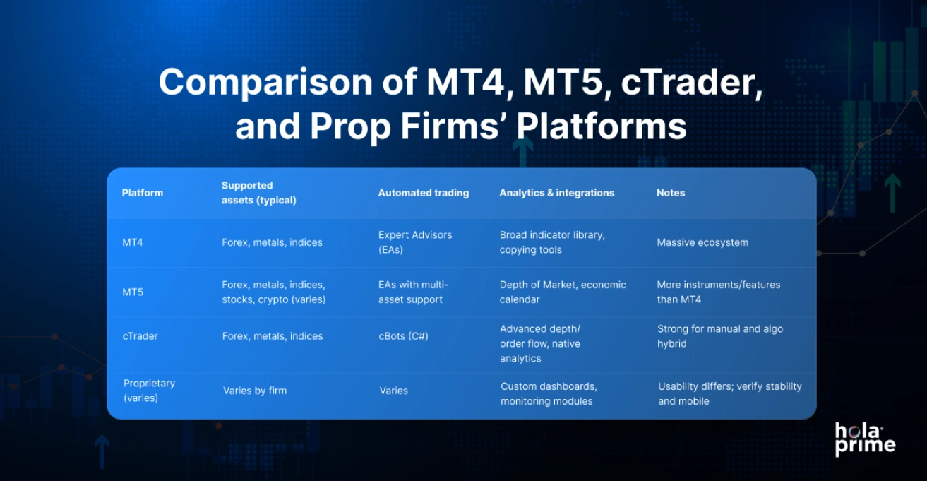 Comparison of MT4, MT5, cTrader, and Prop Firms' Platforms.