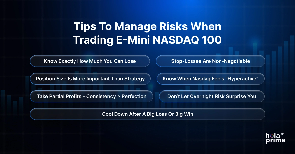 Infographic with title, Tips to Manage Risks When Trading E-mini NASDAQ 100 and 7 sub points.