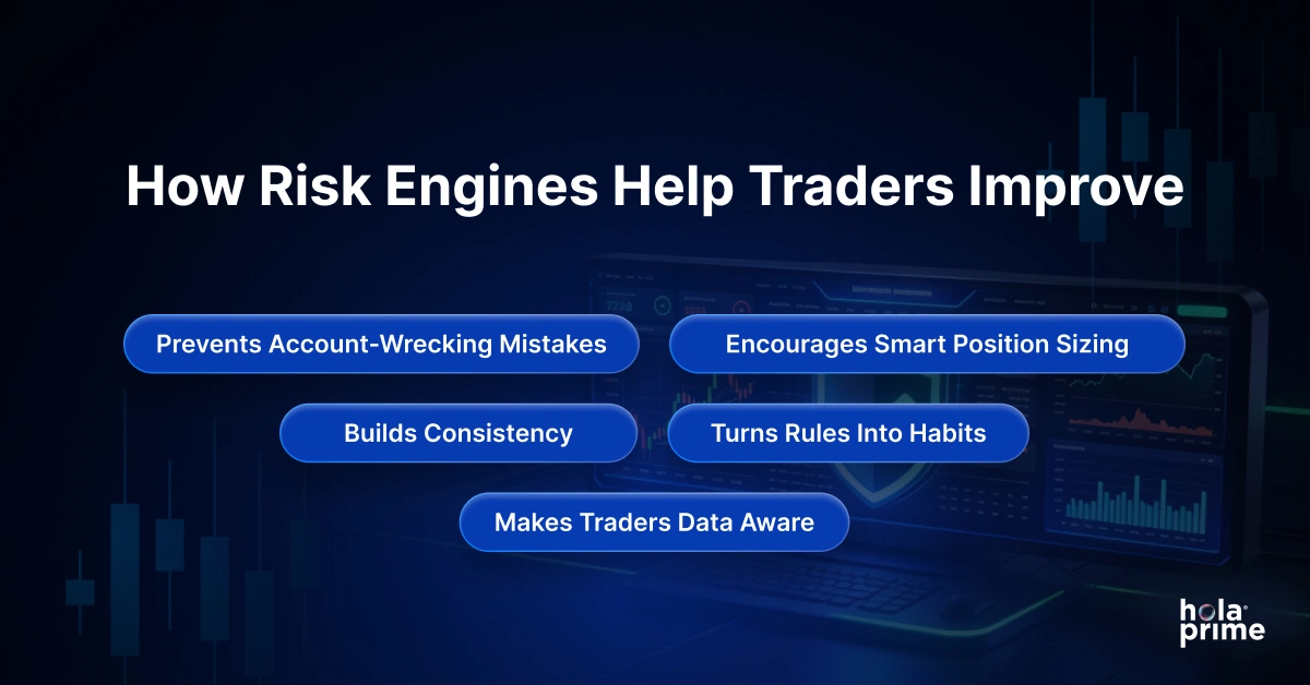Infographic with title, How Risk Engines Help Traders Improve and 5 sub points/