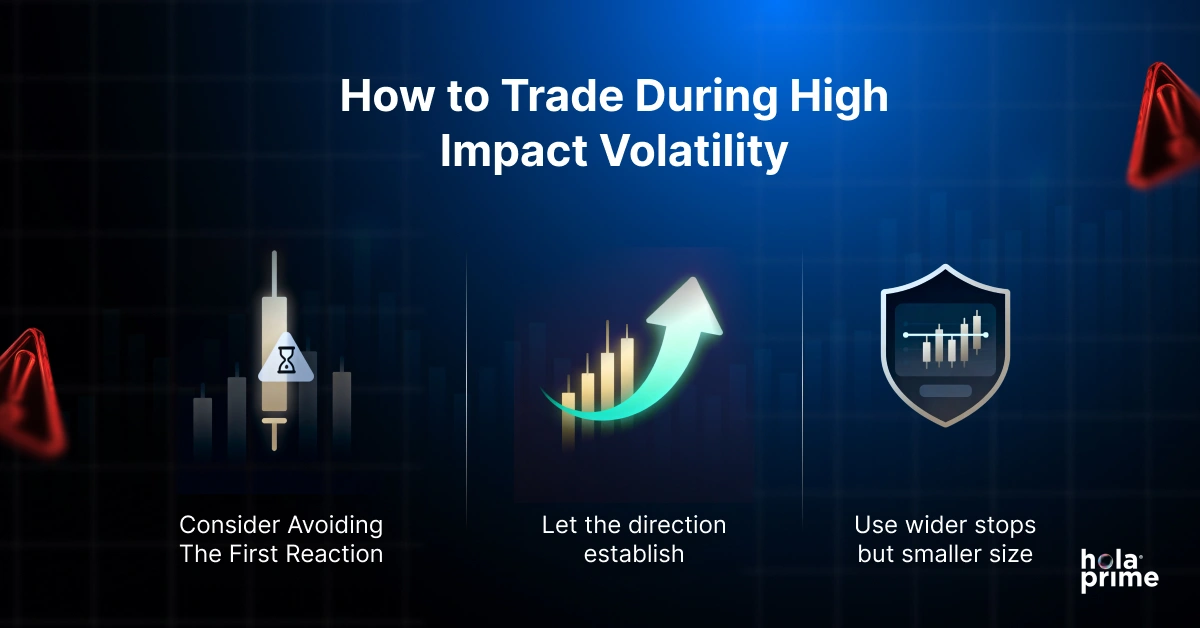 A dark blue background with subtle grid lines and a professional trading theme. At the top center, white text reads “How to Trade During High Impact Volatility.” Below the heading are three evenly spaced sections. The first section shows a candlestick chart with an hourglass icon, representing patience, with text below that reads “Consider Avoiding the First Reaction.” The middle section displays an upward curved arrow with rising bars, symbolizing trend direction, with text reading “Let the direction establish.” The third section shows a shield icon with a small chart inside it, representing risk management, with text reading “Use wider stops but smaller size.” The Hola Prime logo appears in the bottom-right corner.