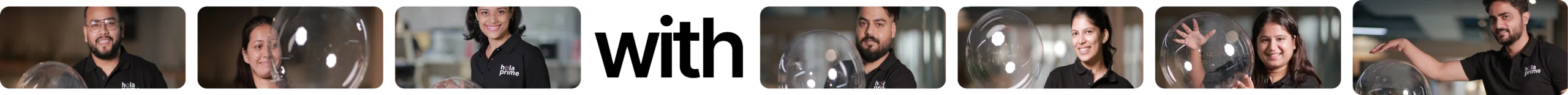 Smiling Hola Prime team playing with bubbles and black 'with' symbol